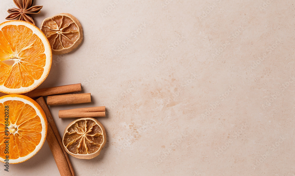 A light brown background with cinnamon sticks and dried oranges in the bottom left corner