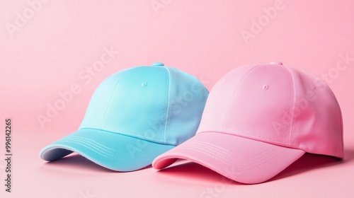 Stylish blue and pink caps displayed on a soft pink background, perfect for fashion and accessory photography. photo