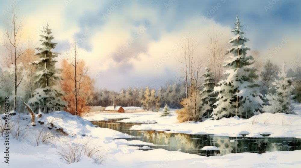 Watercolor of a snowy Christmas landscape Watercolor of a snowy Christmas landscape