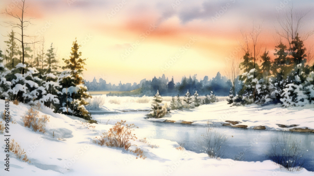 Watercolor of a snowy Christmas landscape Watercolor of a snowy Christmas landscape