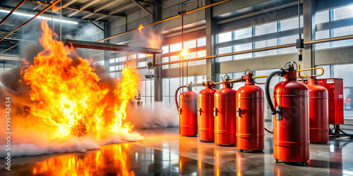 Powerful industrial fire extinguishing system in action , firefighting, emergency, safety, industrial photo