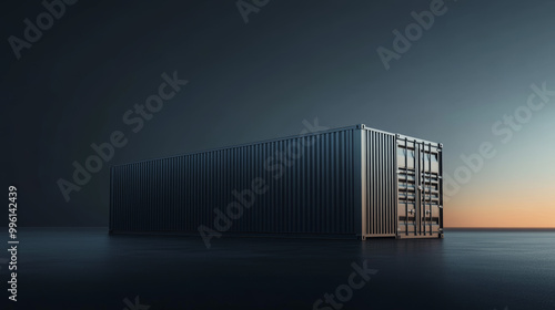 single shipping container stands prominently against dark gradient background, evoking sense of solitude and industrial strength. sleek lines and metallic texture reflect fading light, creating