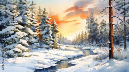 Watercolor of a snowy Christmas landscape