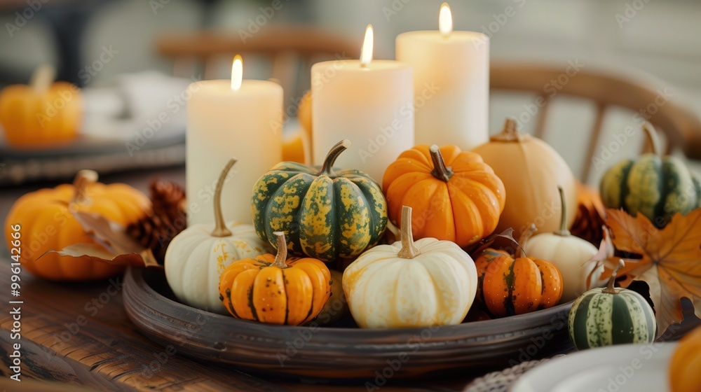 Autumn Harvest Centerpiece, a vibrant arrangement of colorful gourds and flickering candles, enhancing a festive table setting with warm seasonal charm and inviting ambiance. Autumn Harvest Centerpiece, a vibrant arrangement of colorful gourds and flickering candles, enhancing a festive table setting with warm seasonal charm and inviting ambiance.