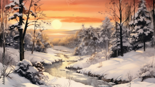 Wallpaper Mural Watercolor of a snowy Christmas landscape Torontodigital.ca