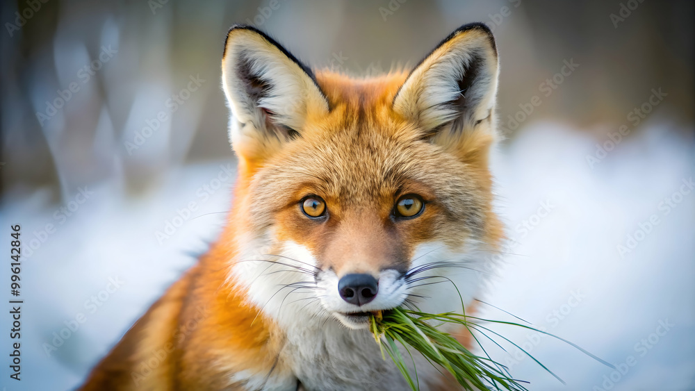 Close-up portrait of a red fox eating grass in the winter , wildlife, nature, animal, mammal, fox, red fox, cute, fluffy, winter Close-up portrait of a red fox eating grass in the winter , wildlife, nature, animal, mammal, fox, red fox, cute, fluffy, winter