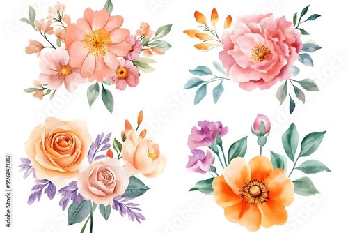 Set of watercolor flower bouquets, clipart isolated on a white background, in pastel colors,