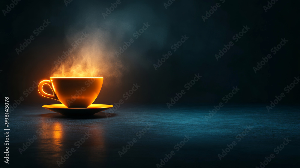 glowing coffee cup emits steam in dark setting, creating warm and inviting atmosphere. contrast between bright cup and dark background enhances cozy feeling glowing coffee cup emits steam in dark setting, creating warm and inviting atmosphere. contrast between bright cup and dark background enhances cozy feeling
