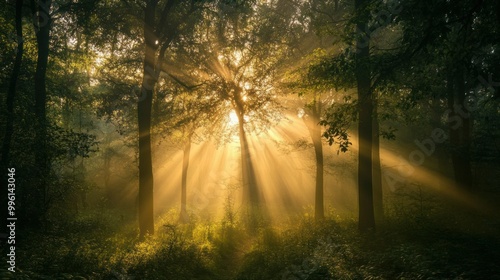 Sunbeams Streaming Through Misty Forest