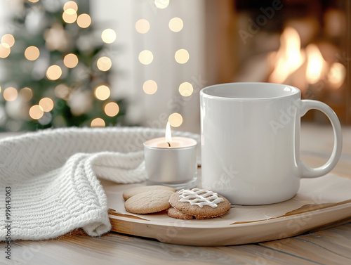 A blank mug mockup on a wooden tray with Christmas cookies