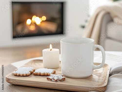 A blank mug mockup on a wooden tray with Christmas cookies