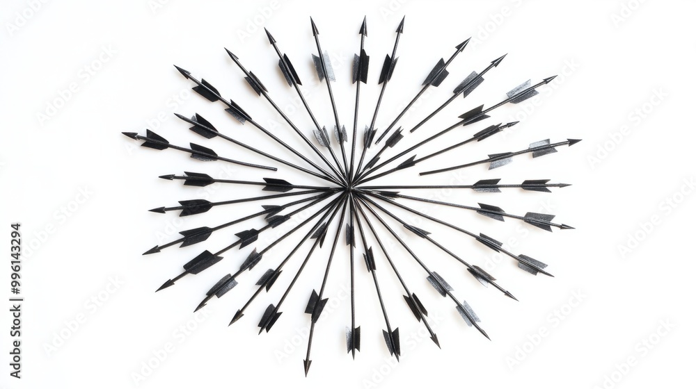 Fototapeta premium A collection of small arrows radiating outwards, symbolizing multiple paths or decisions, isolated on white
