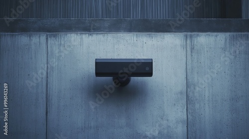 A sleek black security camera is mounted on a concrete wall. photo