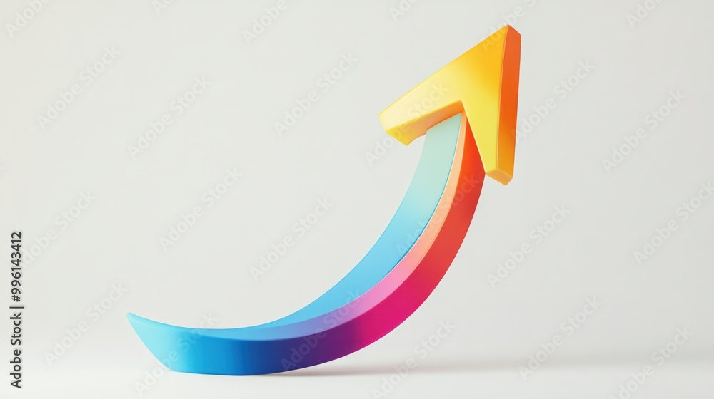 A colorful 3D arrow curving upwards, isolated on a plain white background A colorful 3D arrow curving upwards, isolated on a plain white background
