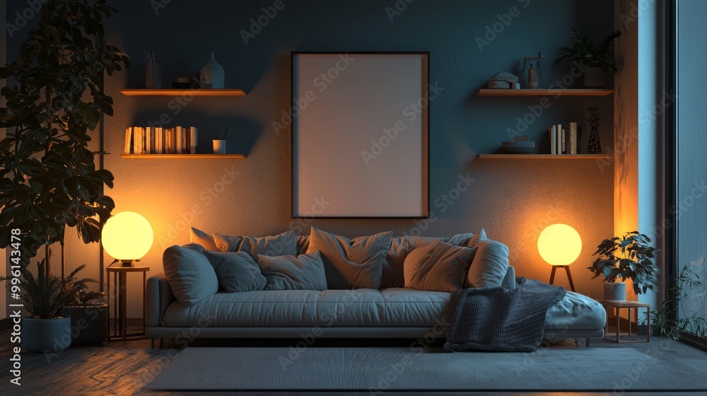 Cozy living room interior with warm lighting and modern decor