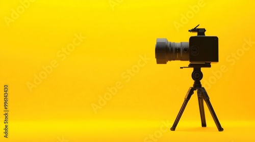 A sleek, professional video camera stands out against a bright yellow backdrop. There's room to add your own message.