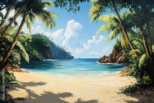 Secluded tropical beach with palm trees. Perfect for travel, vacation, and relaxation themes.