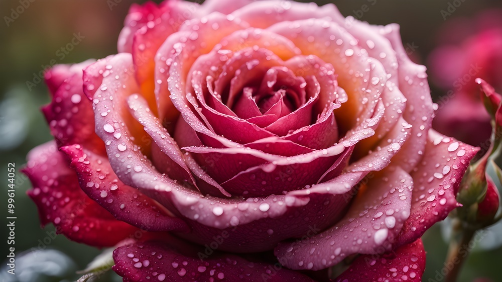 A close-up of a single pink and red rose with water droplets on its petals. A close-up of a single pink and red rose with water droplets on its petals.