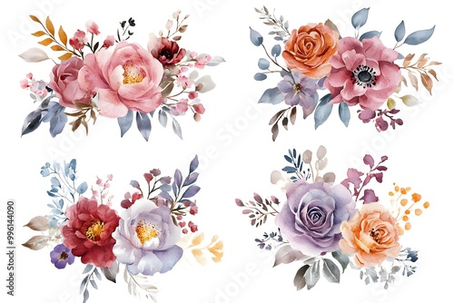 Fototapeta Naklejka Na Ścianę i Meble -  Set of watercolor flower bouquets, clipart isolated on a white background, in pastel colors,