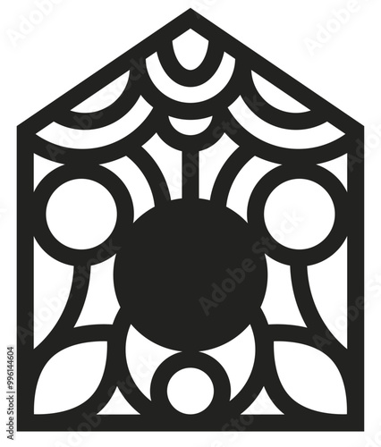 Forme de maison pour modèle de création ou découpe laser, décorée d'ornements avec un cercle plein au centre pour personnalisation, graphique pour carterie ou objet de décoration en série
