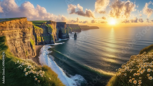 A beautiful sunset over the ocean with a rocky shoreline photo