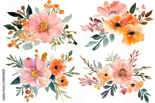 Fototapeta Naklejka Na Ścianę i Meble -  Set of watercolor flower bouquets, clipart isolated on a white background, in pastel colors,