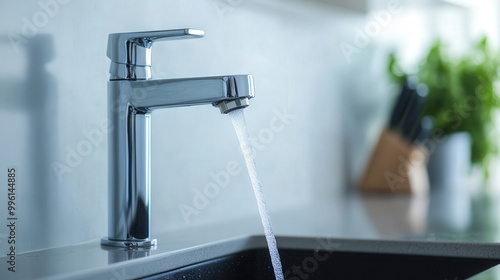 Crystal glass catching flowing water in a modern kitchen, emphasizing hydration and the accessibility of clean water resources, a symbol of health and sustainability