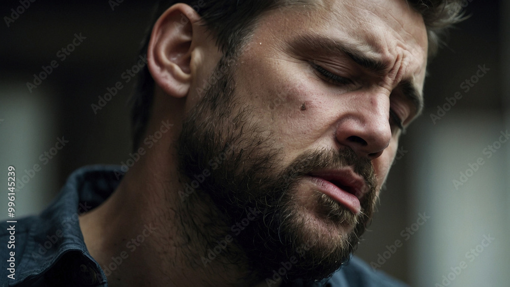 Fototapeta premium A close-up expressive photo portrait of distressed worried crying bearded man person with suffering expression on his face. Pain, headache, migraine, loss, grief, suffer illustration concept.