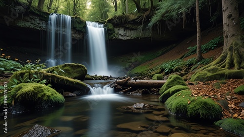 Waterfall cascades through lush green forest. photo