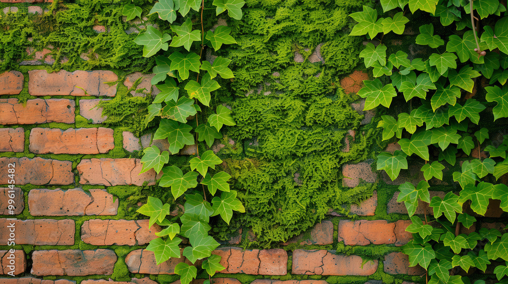 Lush Ivy on Mossy Brick Wall, a vibrant tapestry of green leaves entwined with soft moss, creating an organic and textured backdrop perfect for creative projects. Lush Ivy on Mossy Brick Wall, a vibrant tapestry of green leaves entwined with soft moss, creating an organic and textured backdrop perfect for creative projects.