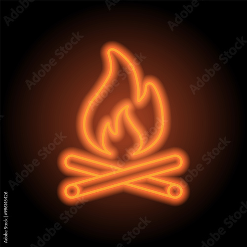 Campfire simple icon vector. Flat design. Orange neon on black background