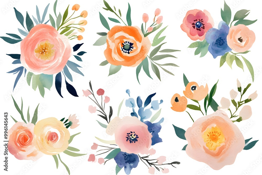 Set of watercolor flower bouquets, clipart isolated on a white background, in pastel colors, Set of watercolor flower bouquets, clipart isolated on a white background, in pastel colors,