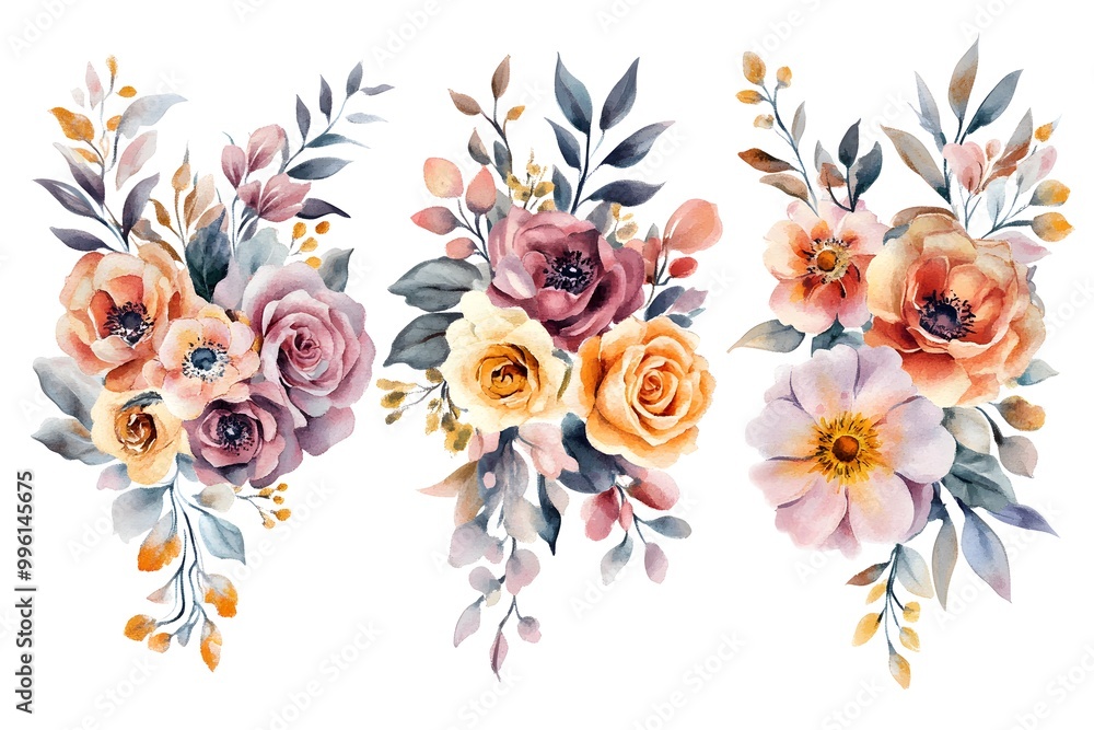 Set of watercolor flower bouquets, clipart isolated on a white background, in pastel colors, Set of watercolor flower bouquets, clipart isolated on a white background, in pastel colors,