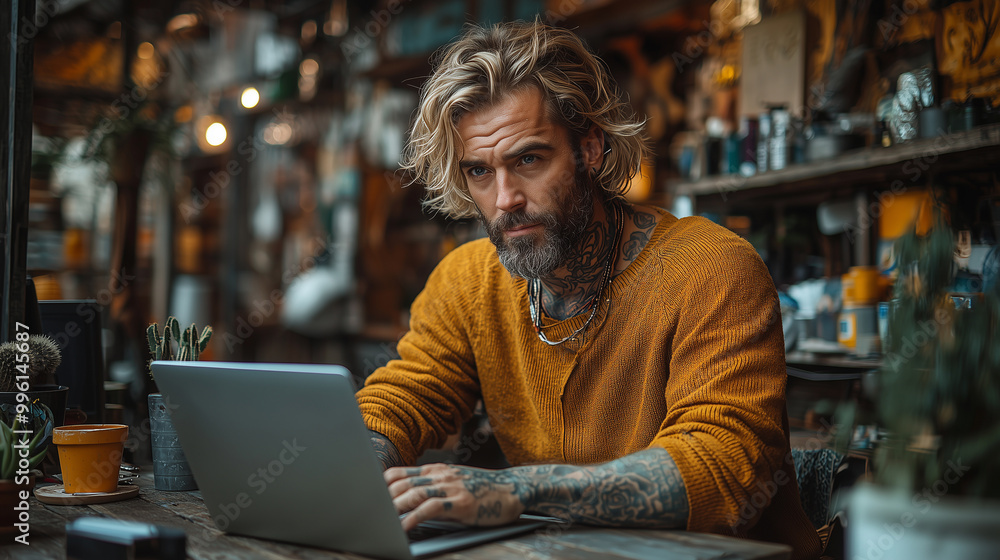 Young man with a tattoo works at a laptop remotely Young man with a tattoo works at a laptop remotely