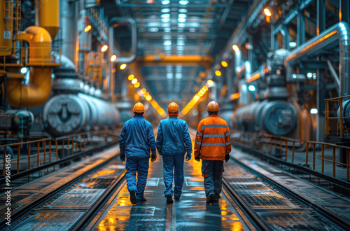 Three workers wearing safety helmets walking through a brightly lit factory, symbolizing teamwork, industry, and safety in manufacturing.