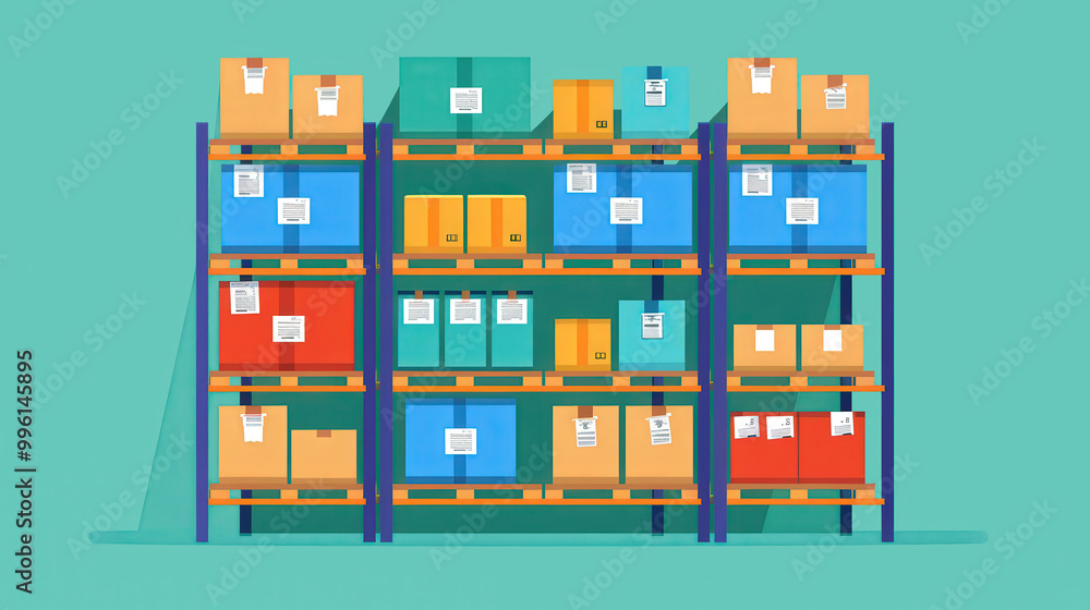 Storage Hub, a vibrant flat design illustration showcasing neatly labeled goods organized on shelves within a modern storage facility, emphasizing efficiency and order. Storage Hub, a vibrant flat design illustration showcasing neatly labeled goods organized on shelves within a modern storage facility, emphasizing efficiency and order.