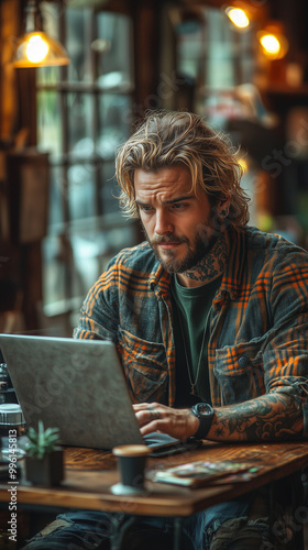 Young man with a tattoo works at a laptop remotely