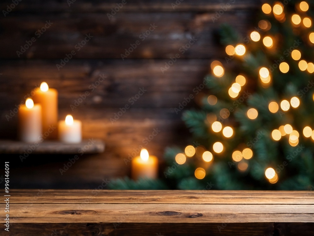 Empty wooden table for mockups. Holiday exposition exhibit platform. Unoccupied wooden table with blurred christmas tree, lights and candles in the back, perfect for New year season presentations. Empty wooden table for mockups. Holiday exposition exhibit platform. Unoccupied wooden table with blurred christmas tree, lights and candles in the back, perfect for New year season presentations.