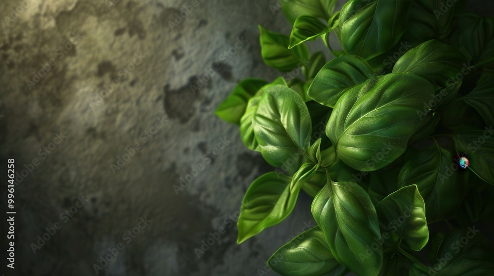 A bunch of fresh basil leaves is sitting on a wooden table A bunch of fresh basil leaves is sitting on a wooden table