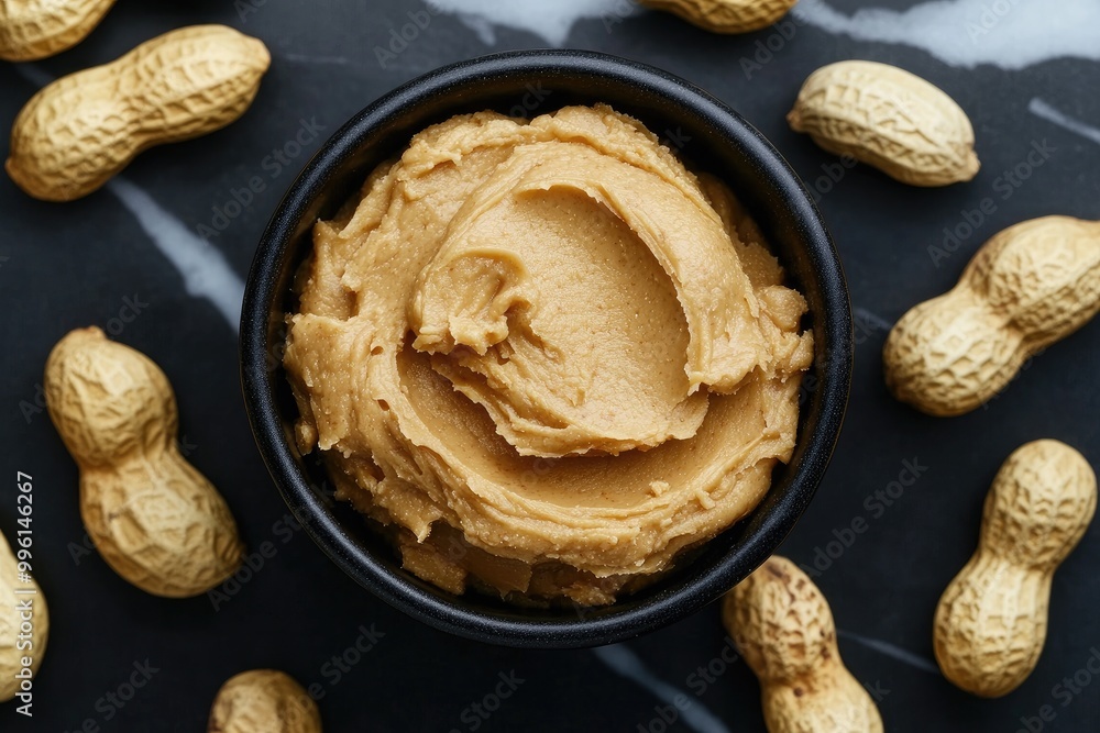 Fototapeta premium Peanut butter in a black bowl with nuts. This image is great for a blog post or website about healthy snacks.