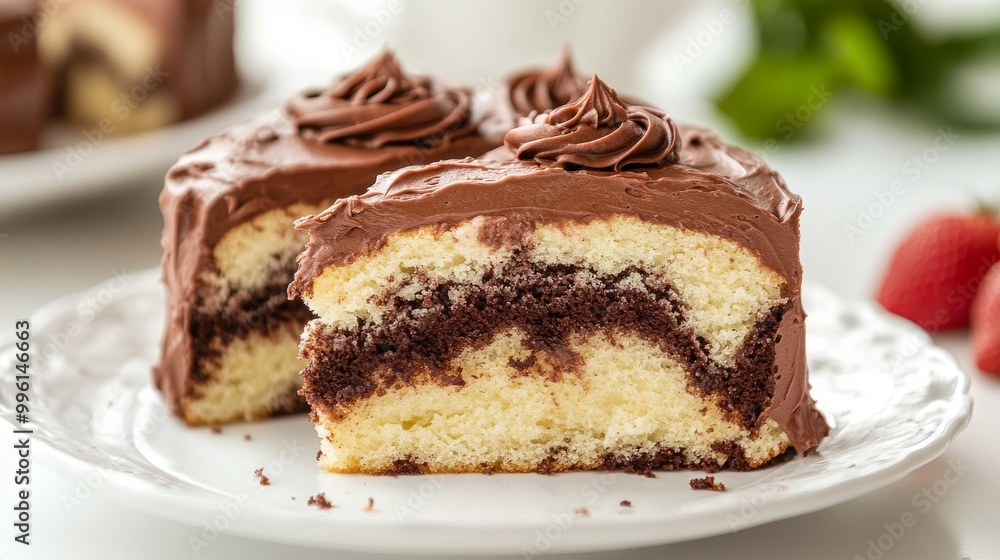 A yummy slice of marble cake with chocolate frosting, ready to eat. A yummy slice of marble cake with chocolate frosting, ready to eat.
