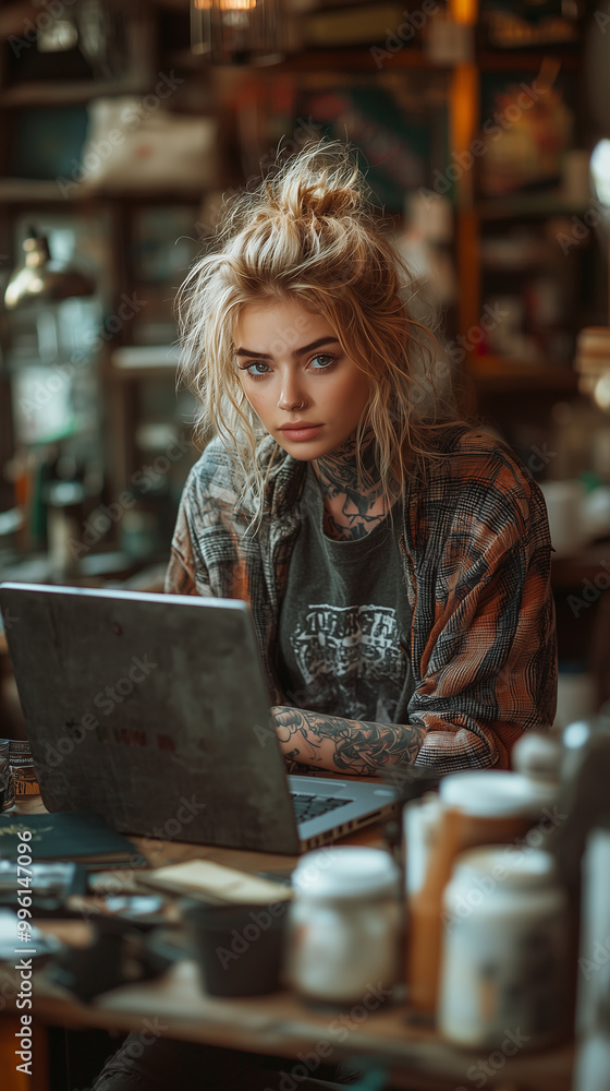 Young woman with a tattoo works at a laptop remotely Young woman with a tattoo works at a laptop remotely