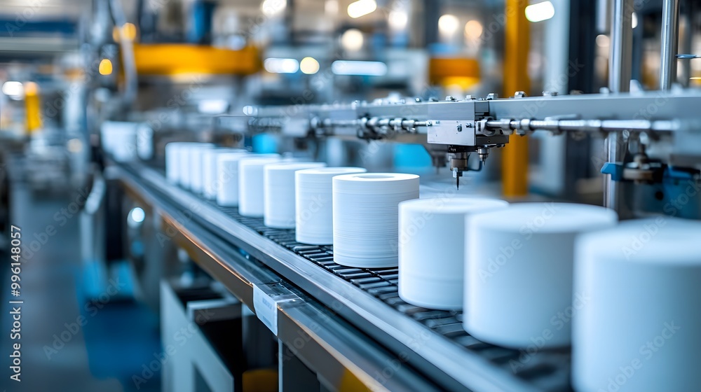 A modern manufacturing line showcasing cylindrical products moving along a conveyor belt in an industrial setting. A modern manufacturing line showcasing cylindrical products moving along a conveyor belt in an industrial setting.