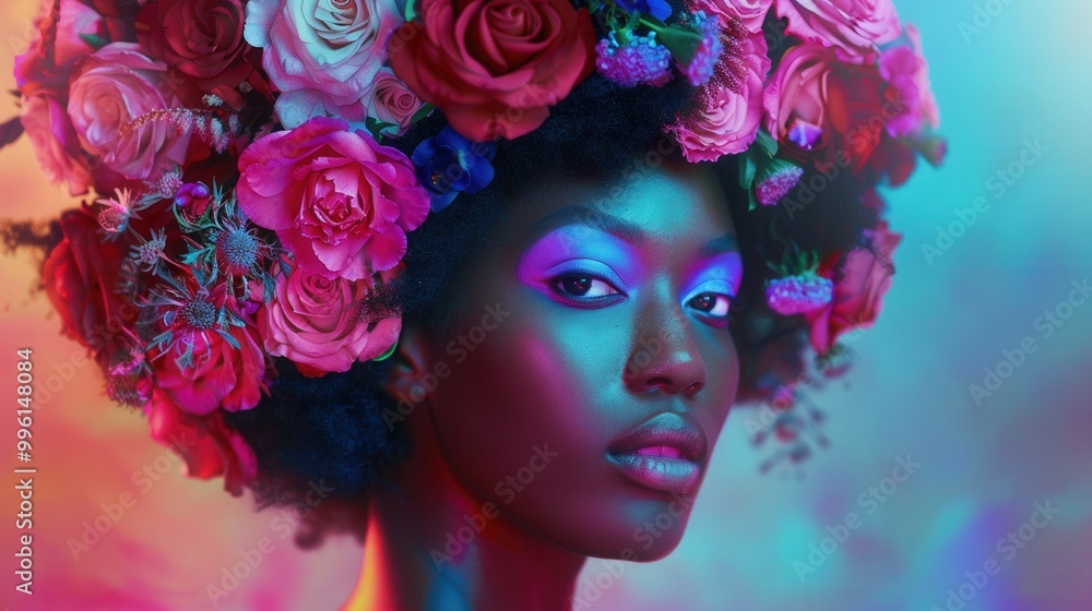 A woman adorned with a beautiful wreath made of flowers in her hair A woman adorned with a beautiful wreath made of flowers in her hair