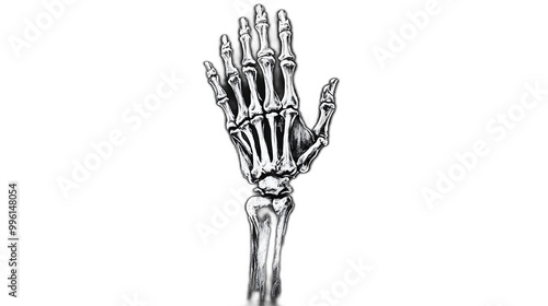 A skeleton hand reaching up from the ground placed against a solid black background