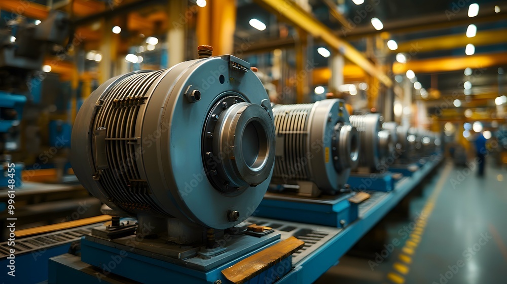 A close-up image of industrial electric motors lined up in a factory setting, showcasing the machinery's design and operational environment. A close-up image of industrial electric motors lined up in a factory setting, showcasing the machinery's design and operational environment.