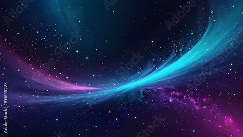 A space-inspired gradient background that shifts from dark midnight blue to violet, with bright spots of turquoise and soft pinks, creating swirling, abstract star clusters