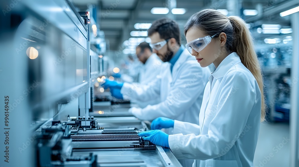 A modern laboratory scene featuring focused individuals in protective gear, working with machinery in a clean manufacturing environment. A modern laboratory scene featuring focused individuals in protective gear, working with machinery in a clean manufacturing environment.