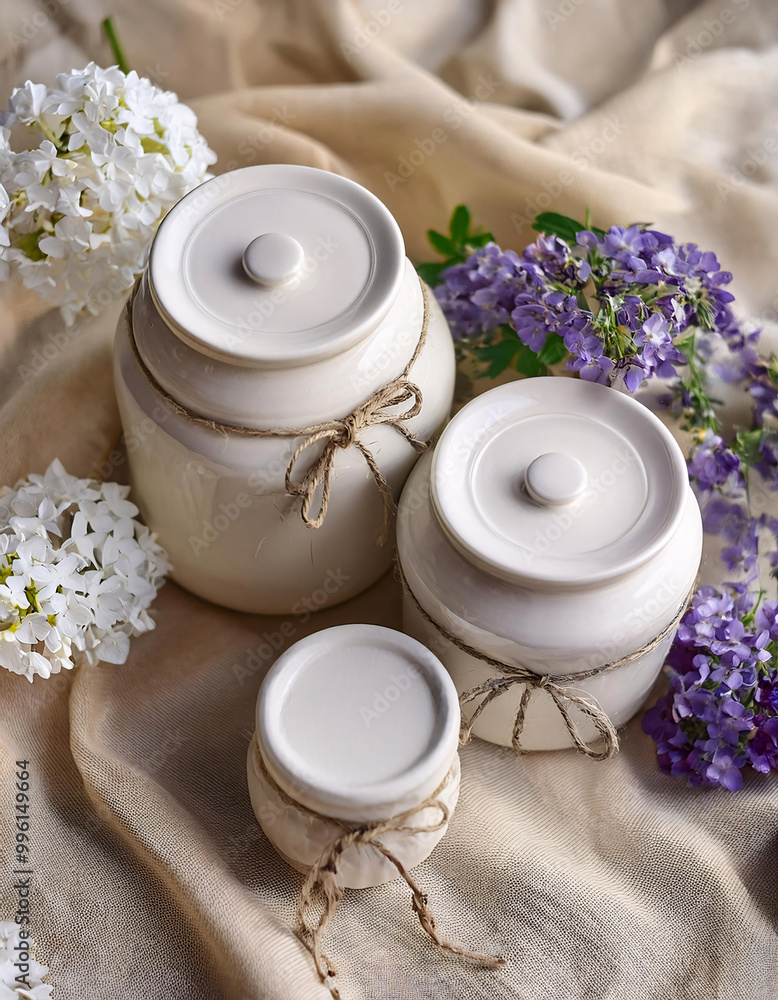Jars with white contents on a textured cloth surrounded by flowers Jars with white contents on a textured cloth surrounded by flowers