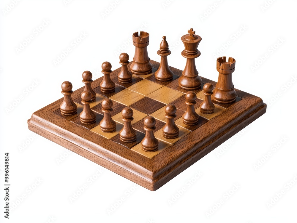 A wooden chessboard with intricate hand-carved pieces, set up for an intense game isolated on white background. A wooden chessboard with intricate hand-carved pieces, set up for an intense game isolated on white background.